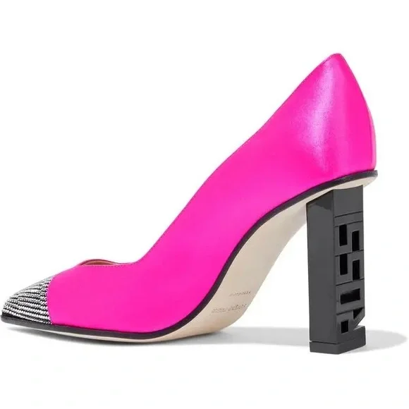 SERGIO ROSSI Super Heel Crystal-Embellished Neon Bright Pink Satin Pumps 34 4 - Picture 4 of 10